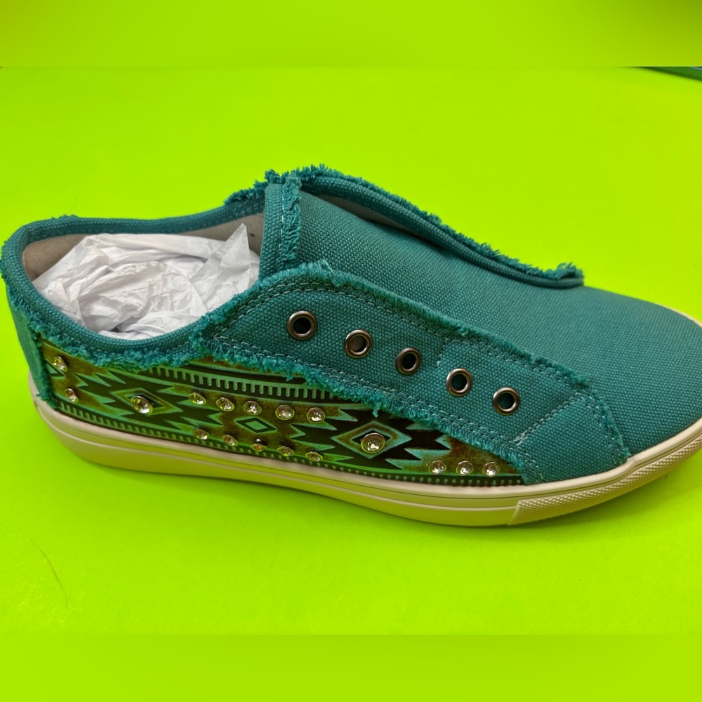 Montana West Teal with leather/rhinestones Canvas Slip-On Sneaker